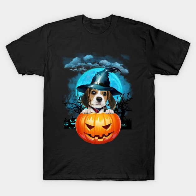 Beagle Witch Hat Pumpkin And Blue Moon Halloween T-Shirt by Centorinoruben.Butterfly